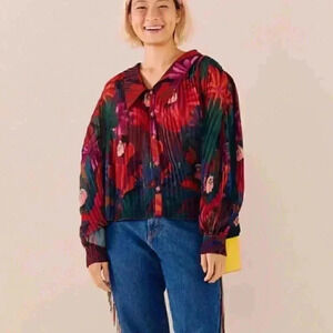 NEW FARM Rio Bird Flowers Pleated Long Sleeve Shirt Tropical Print Bohemian